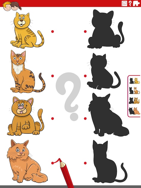 Мультяшная иллюстрация соответствия правильных теней с картинками образовательной деятельности с забавными кошками