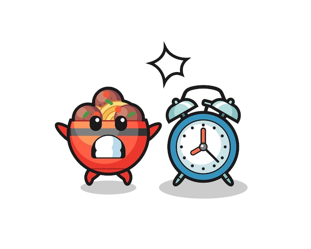 Vector cartoon illustration of meatball bowl is surprised with a giant alarm clock