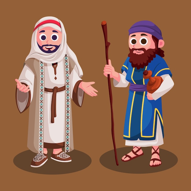 Cartoon illustration of middle eastern people in vintage and old clothes