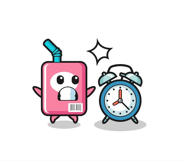 Vector cartoon illustration of milk box is surprised with a giant alarm clock