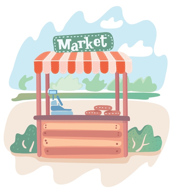 Vector cartoon illustration of modern market stall on summer landscape