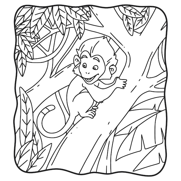 Cartoon illustration monkey climbing tree coloring book or page for kids black and white