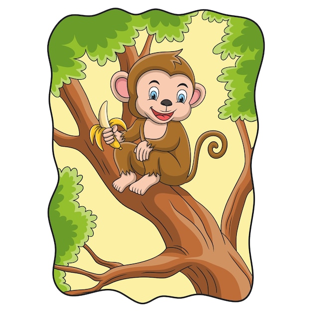 Cartoon illustration monkey eating banana on the tree