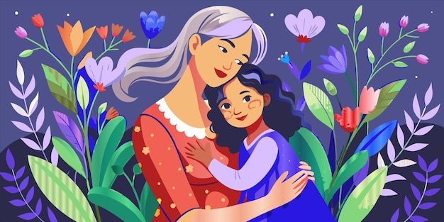 a cartoon illustration of a mother and daughter hugging in a garden