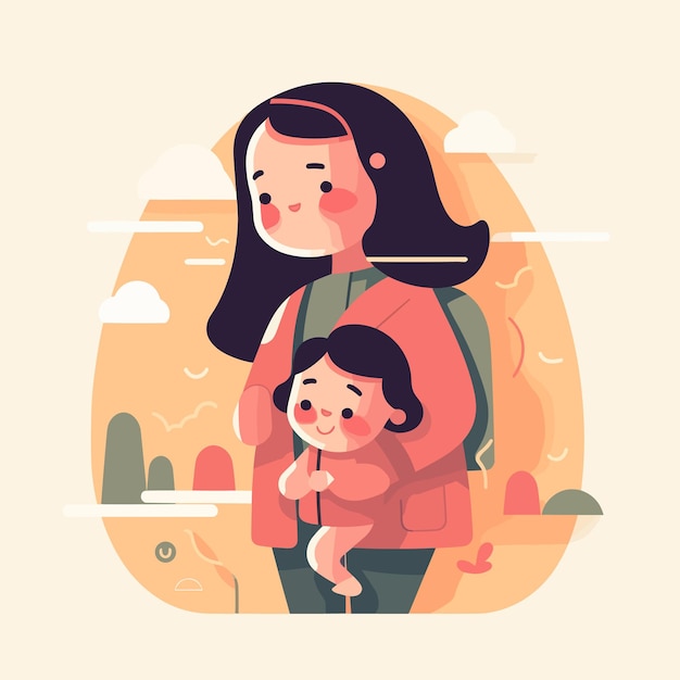 A cartoon illustration of a mother holding her baby