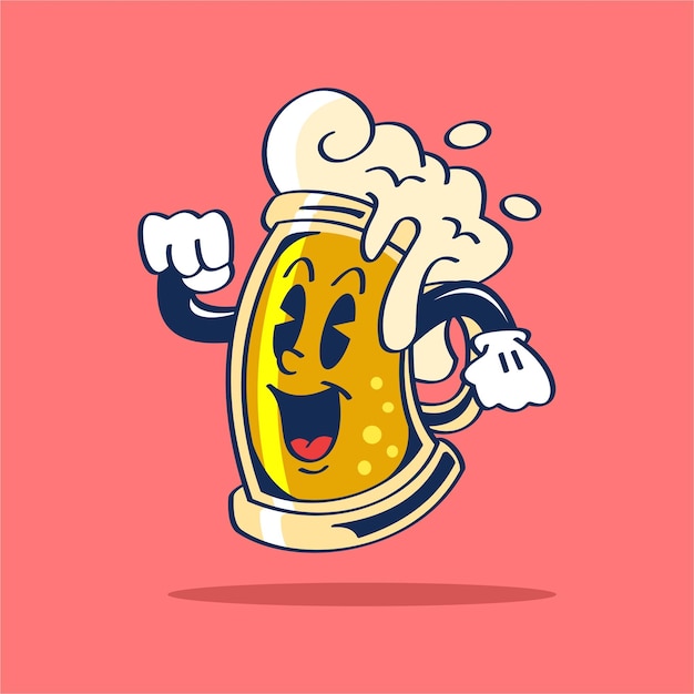 Cartoon illustration of a mug of beer with a face on it.