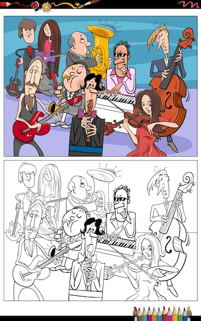 Vector cartoon illustration of musicians group or musical band with funny characters coloring page