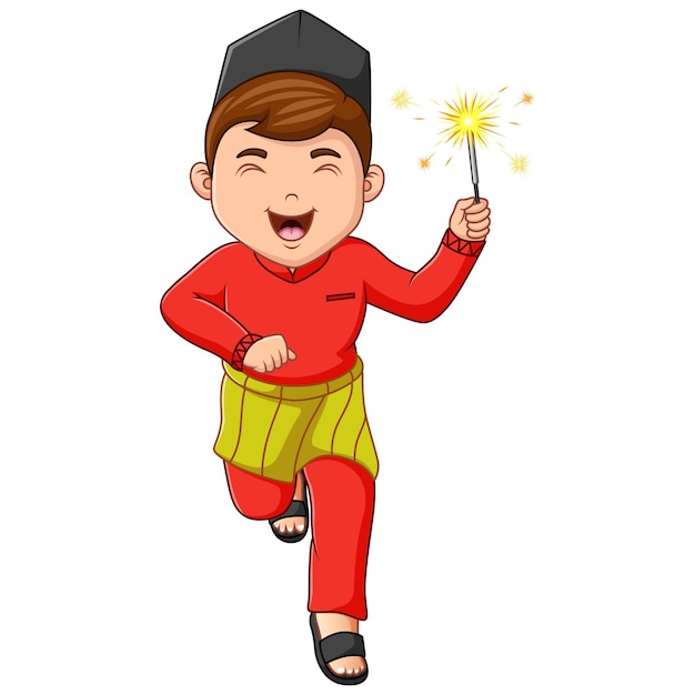 Cartoon illustration of Muslim boy running with holding firework