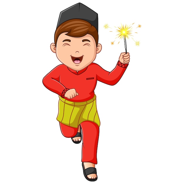 Cartoon illustration of muslim boy running with holding firework