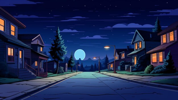 Vector a cartoon illustration of a neighborhood with a moon in the sky