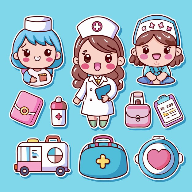 Vector a cartoon illustration of a nurse and related medical supplies