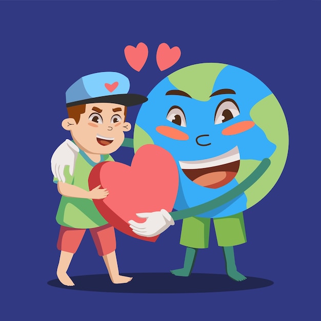 Вектор Карикатура на мальчика, обнимающего глобус сердцем