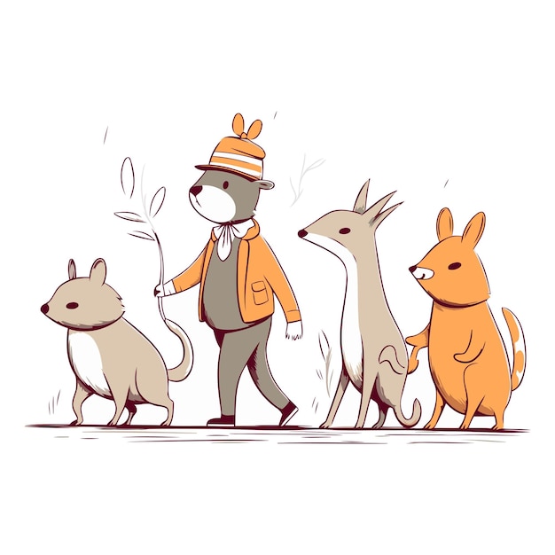 벡터 친구 들 과 함께 숲 에 서 있는 개 의 만화 일러스트레이션