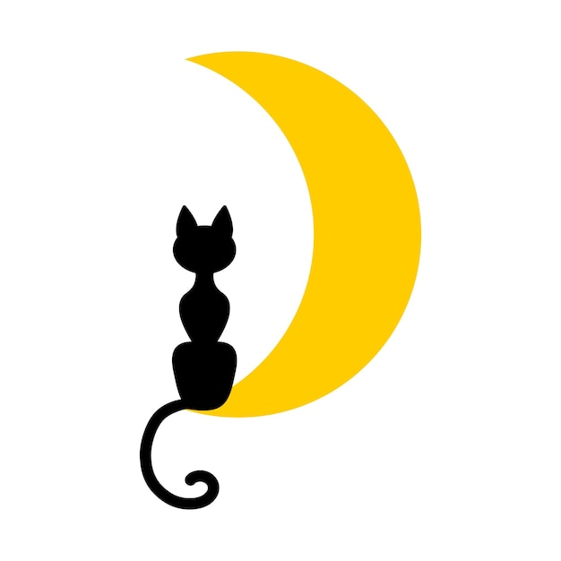 노란색 초승달 배경 벡터 이미지에 고양이의 실루엣의 만화 그림