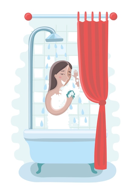 浴室でシャワーを浴びている女性の漫画イラスト