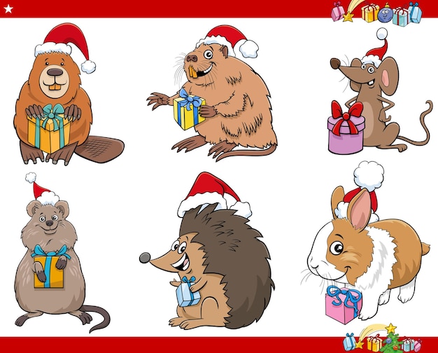 クリスマスの時間セットの動物キャラクターの漫画イラスト