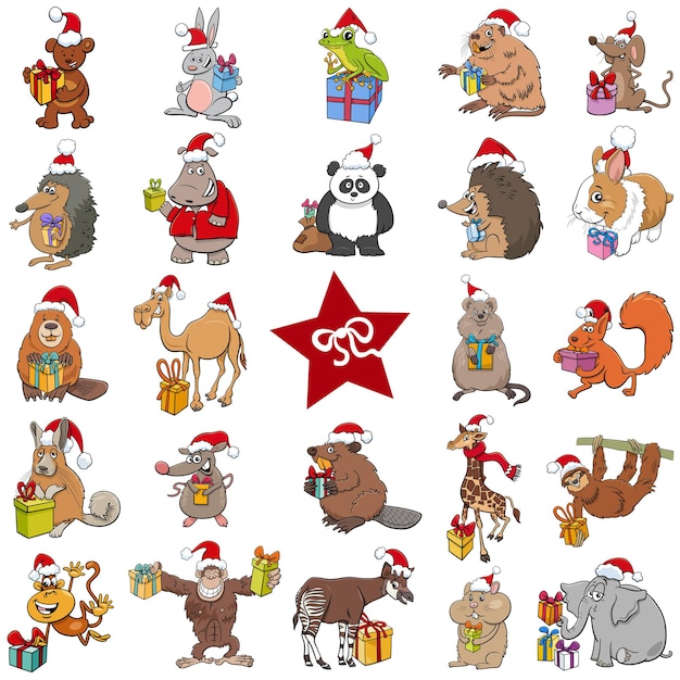 Вектор Карикатура иллюстрации животных персонажей с рождественскими подарками большой набор
