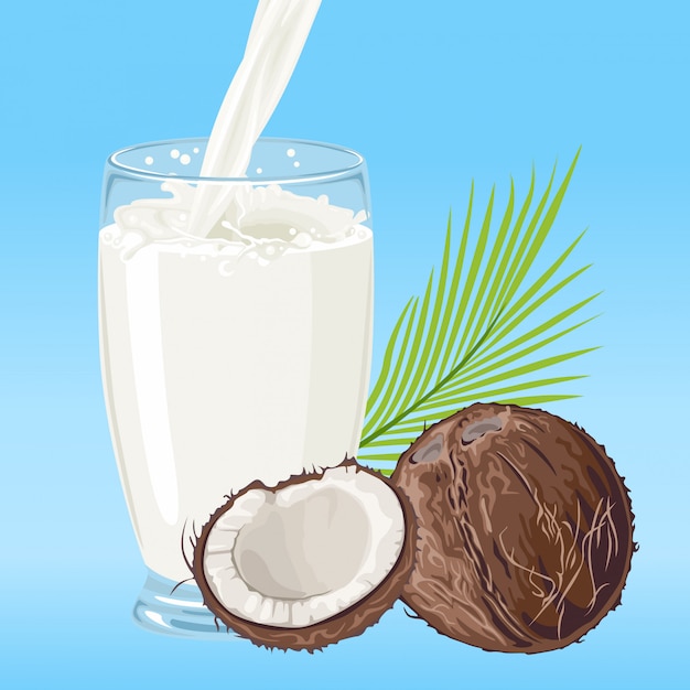유리에 붓는 코코넛 우유의 만화 그림.