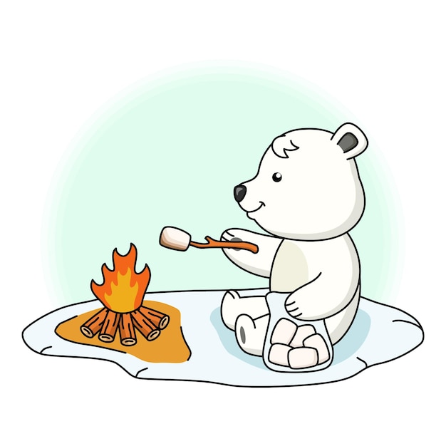 벡터 마시멜로를 굽는 귀여운 북극곰의 만화 그림