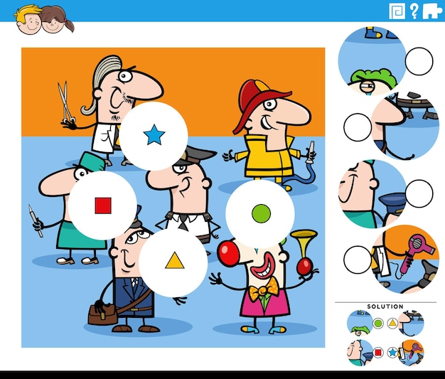 Вектор Мультяшная иллюстрация образовательного сопоставления частей головоломки с забавными занятиями людей