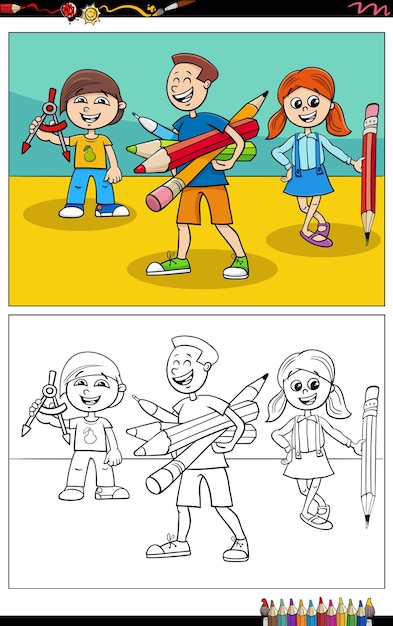 벡터 초등학교 어린이 만화 캐릭터 색칠하기 책 페이지의 만화 그림