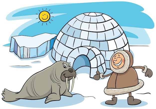Вектор Карикатура на персонажей эскимосов или саамов с его домом-иглу и моржом