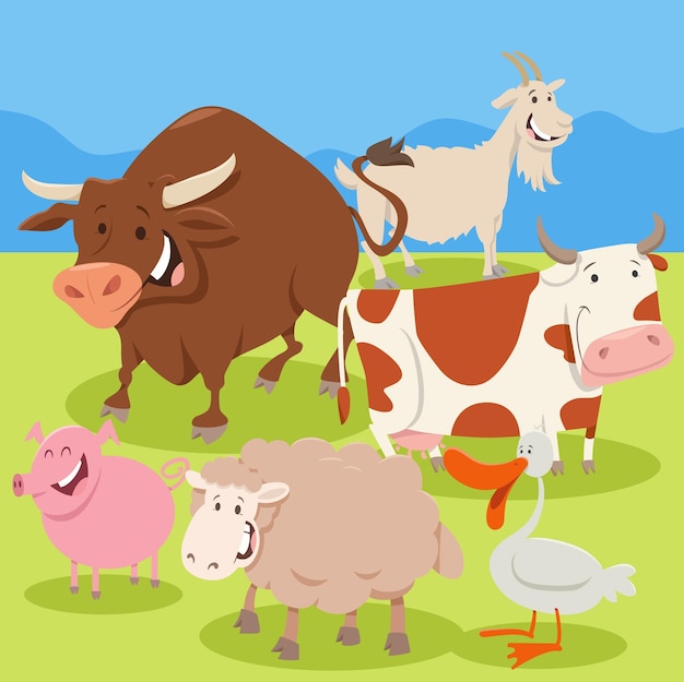 Вектор Карикатура на персонажей сельскохозяйственных животных в сельской местности