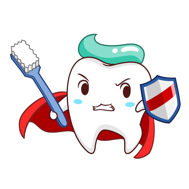 Мультфильм иллюстрация superhero зуба проведение щит и зубная щетка.
