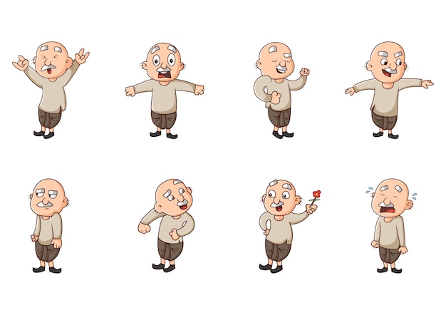 Cartoon illustration of old man sticker set