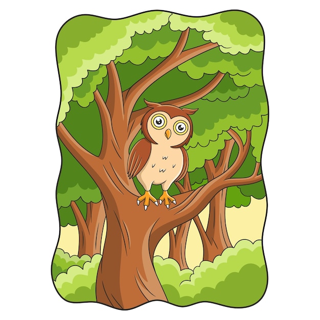 Cartoon illustration the owl is above a large and shady tree during the day