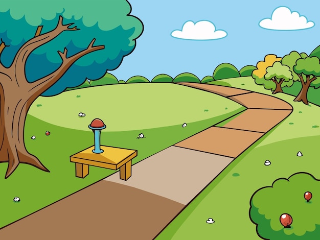 Vettore un'illustrazione di cartone animato di un parco con una panchina e un albero