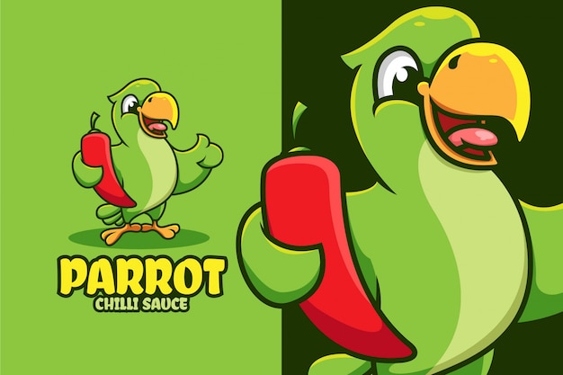 Cartoon illustration of parrot holding chilli