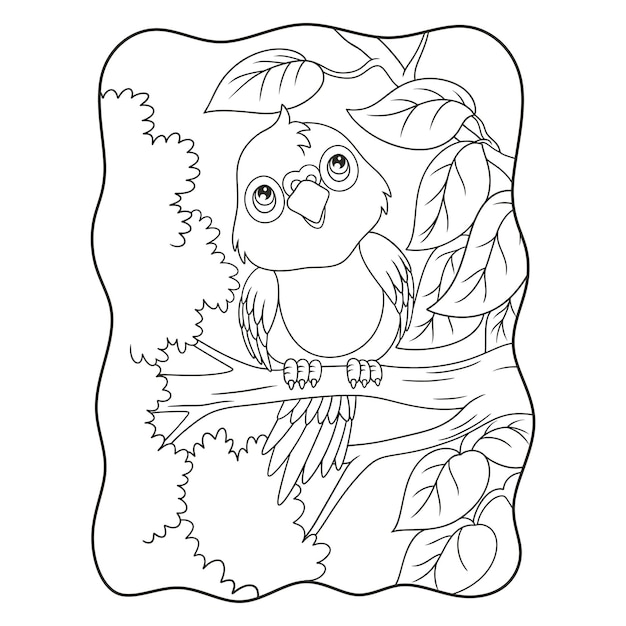 Cartoon illustration the parrot is perching on a big and tall tree trunk and looking up at the clouds book or page for kids black and white