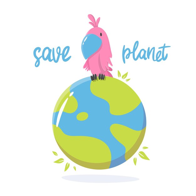 Cartoon illustration of an parrot with earth in support of ecology save the planet