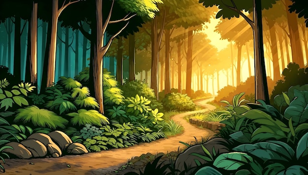 Vettore un cartone animato di un sentiero con alberi e il sole che splende attraverso di loro