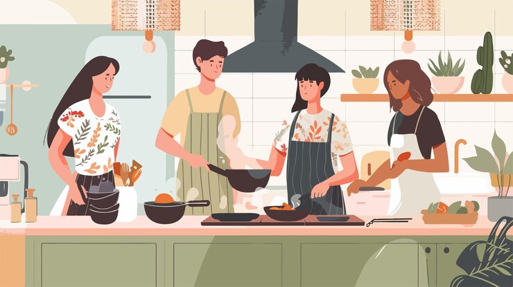 キッチンで料理をしている人々の漫画のイラスト