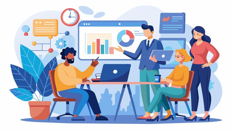 Vector a cartoon illustration of people working at a desk with a chart showing the companys graphs