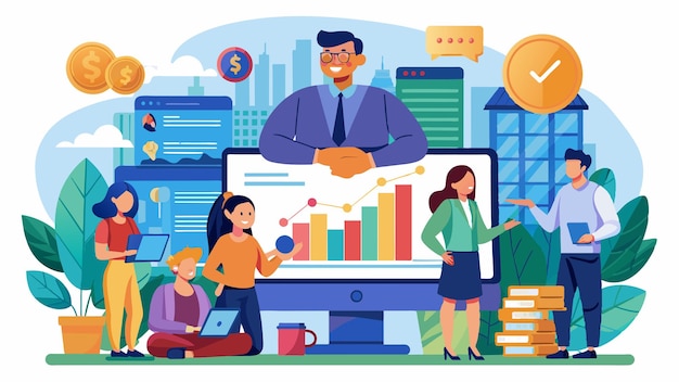 Иллюстрация мультфильма людей, работающих с компьютером с графиком, показывающим время 4 30