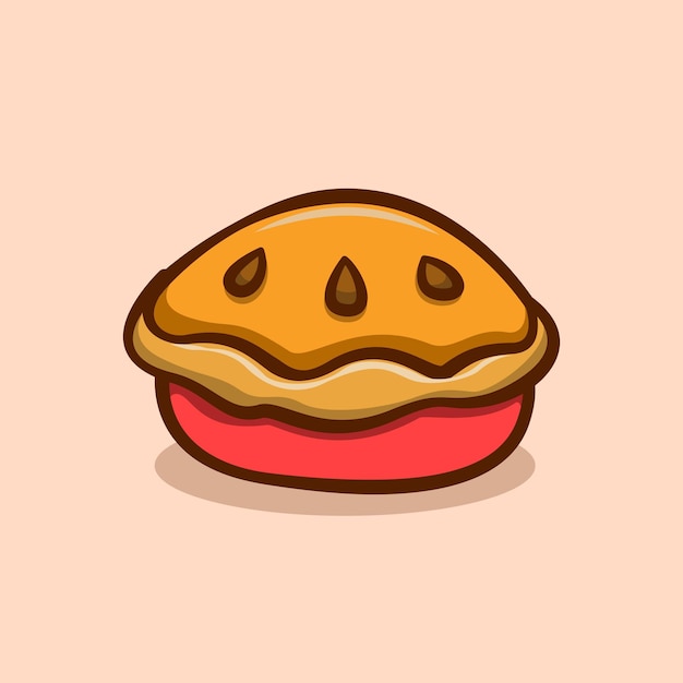 A cartoon illustration of a pie with a red apple filling.