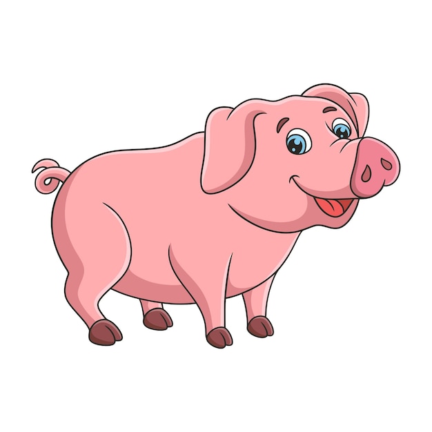 Vector cartoon illustration a pig walking around in its cage on a haystack