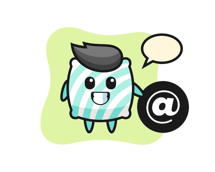 Vector cartoon illustration of pillow standing beside the at symbol
