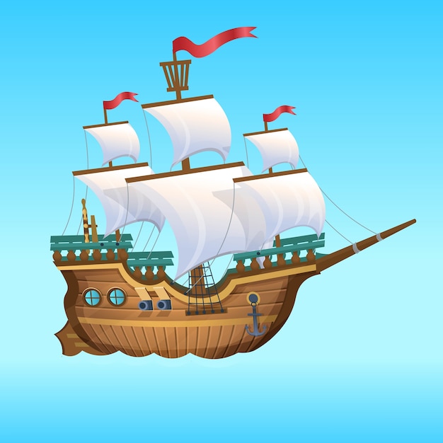 Cartoon  Illustration. Pirate Ship, sailing ship.