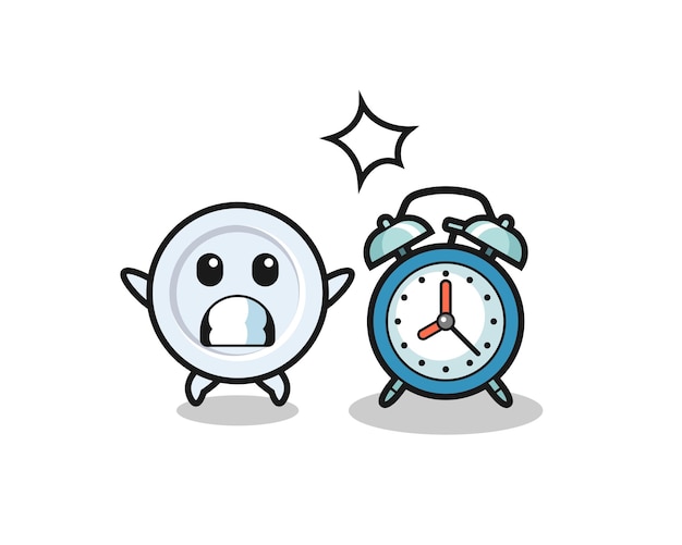 Cartoon illustration of plate is surprised with a giant alarm clock