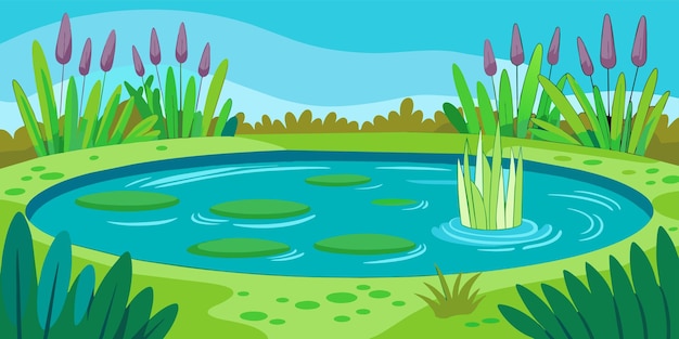 Vector a cartoon illustration of a pond with plants and a pond