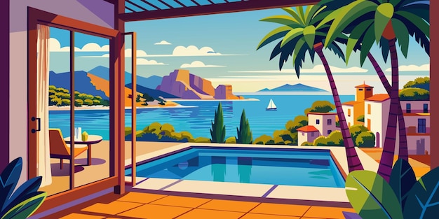 Vector a cartoon illustration of a pool with a palm tree and a house with a palm tree on the wall