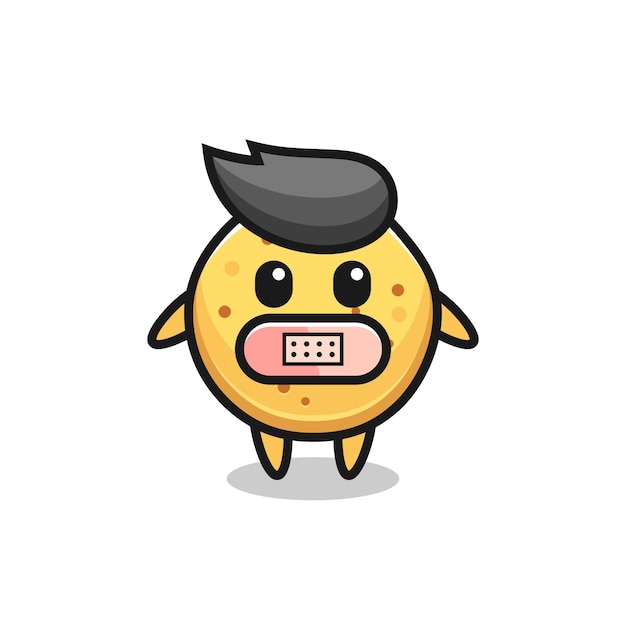Cartoon illustration of potato chip with tape on mouth , cute design