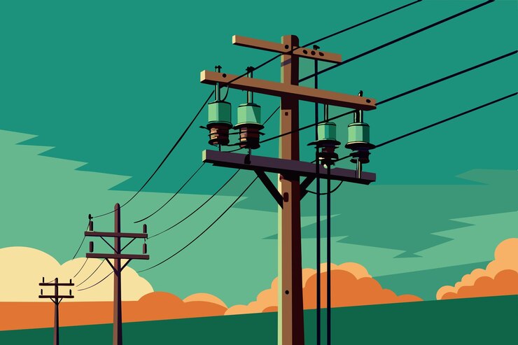 Vector a cartoon illustration of a power pole with power lines and a sunset in the background
