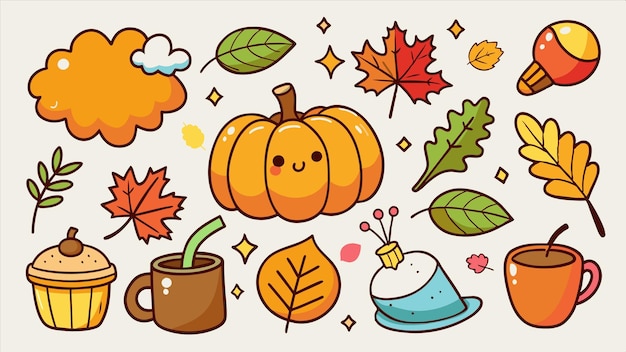 Vector a cartoon illustration of a pumpkin with a happy face and autumn leaves