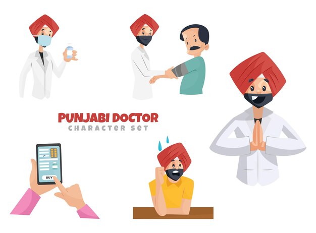 Cartoon illustration of punjabi doctor character set