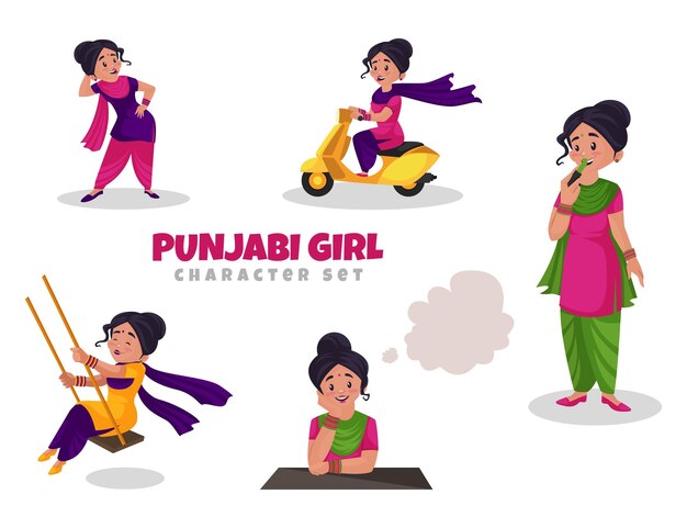 Cartoon illustration of punjabi girl character set